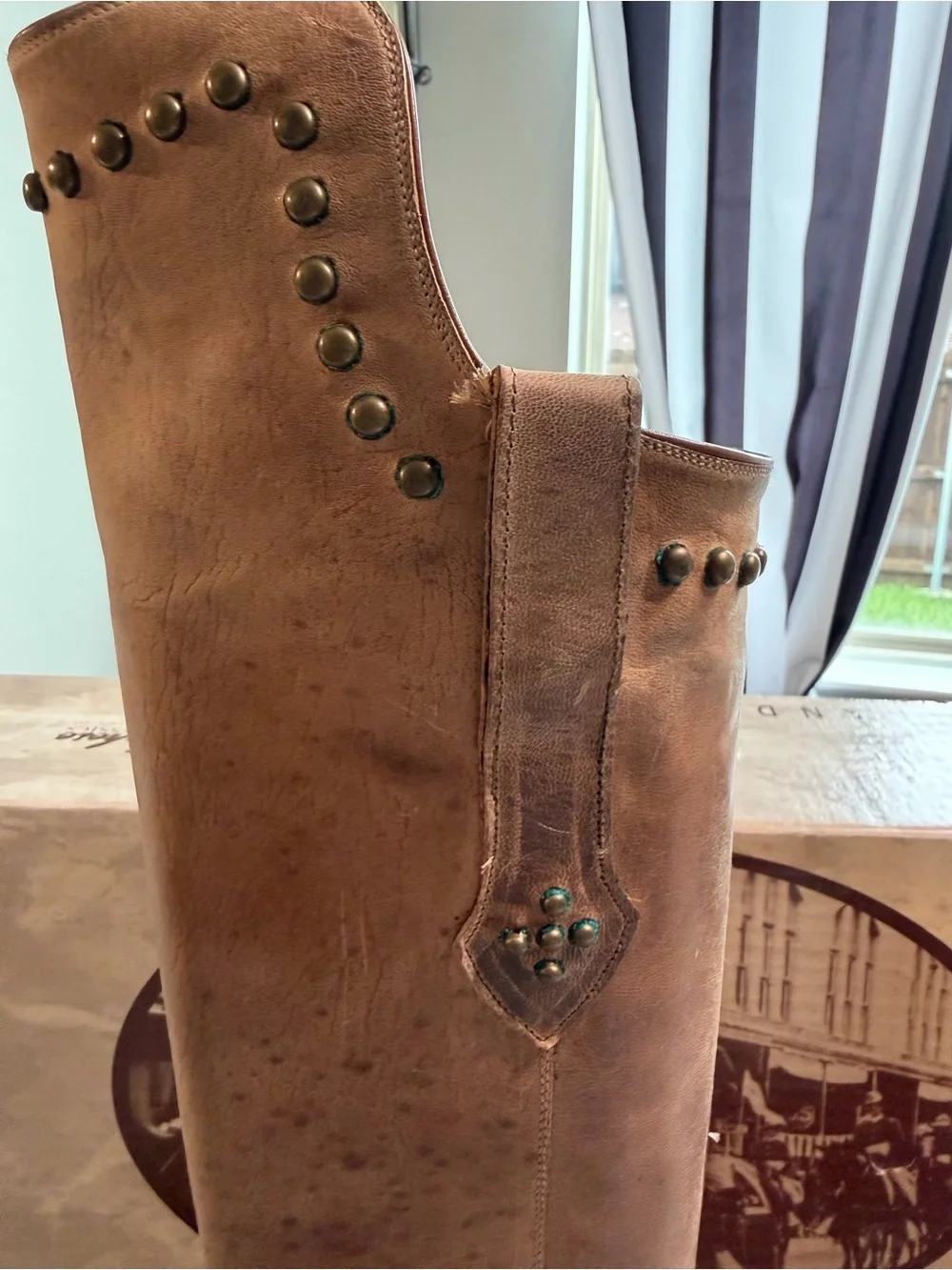 Lucchese Classics Tall Riding Boots Women’s 7B Distressed Tan Leather Studded